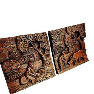 3D Carved Wood Art Sculpture Wall Hang Farming Village Cottage Pair of 2 Vintage